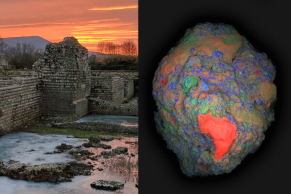 The ruins of an ancient Roman building and a closeup of a piece of concrete scanned by scientists.