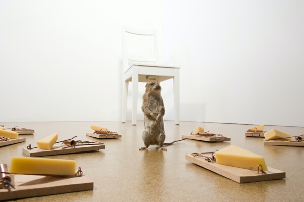 Mouse avoiding mouse traps on the floor