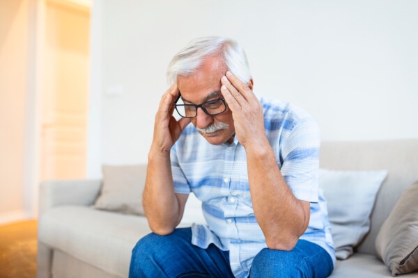 Older man battling stress, cognitive decline or headache