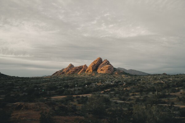 A rare peek of golden-hour sunlight on a cloudy day in Papago Park @ Phoenix, Arizona