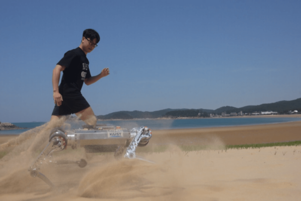Robot dog runs on a beach next to a man