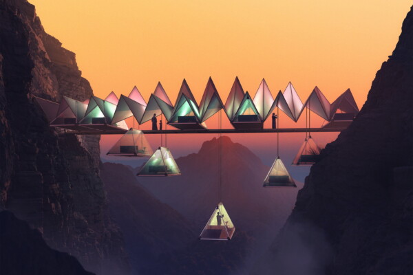 Tents suspended in air between UAE mountains at Floating Retreat