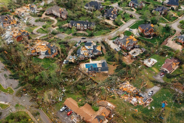 Homes damaged and destroyed by a hurricane.