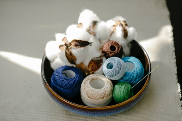 A bowl of cotton plants and fabric