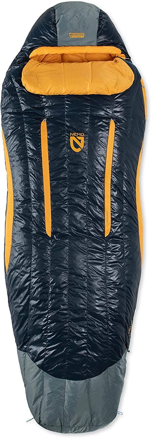 dark blue and yellow sleeping bag