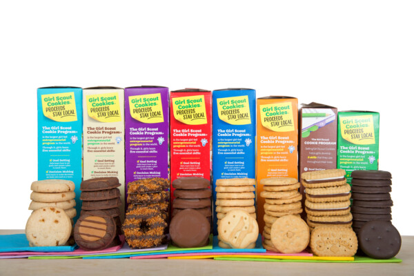 Girl Scouts' cookie boxes lined up in a row