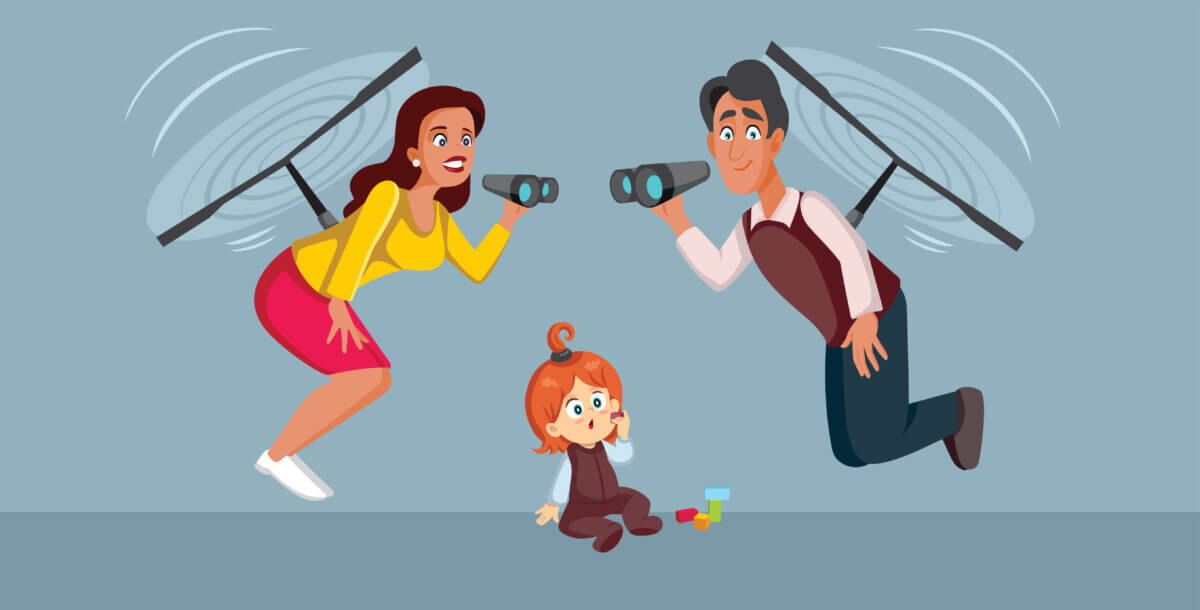 Overprotective helicopter parents hovering over child