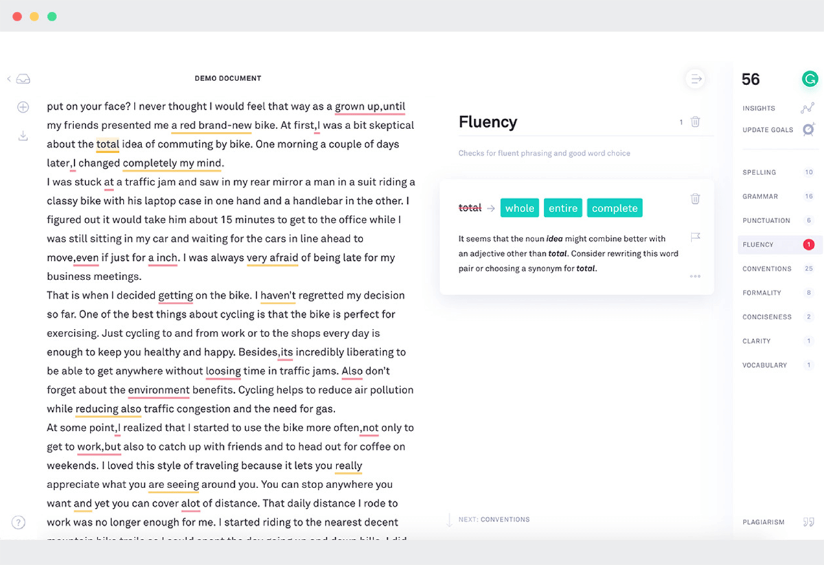 screenshot of Grammarly desktop app on document