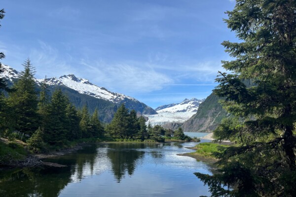 snowy mountains and a lake