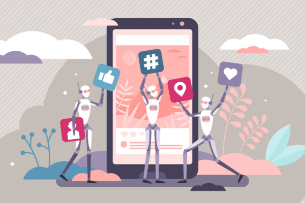 Social media bots vector illustration. Fake accounts in tiny person concept