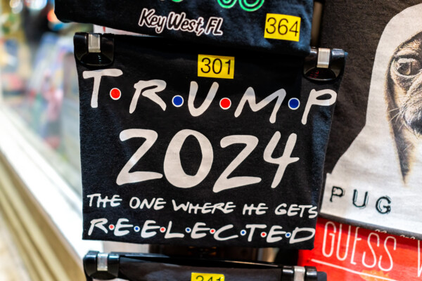 Florida souvenir gift store shop retail display of t-shirts with funny "Friends"-themed product for Donald J. Trump reelection bid in 2024.