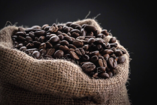 Bag of coffee beans in burlap sack