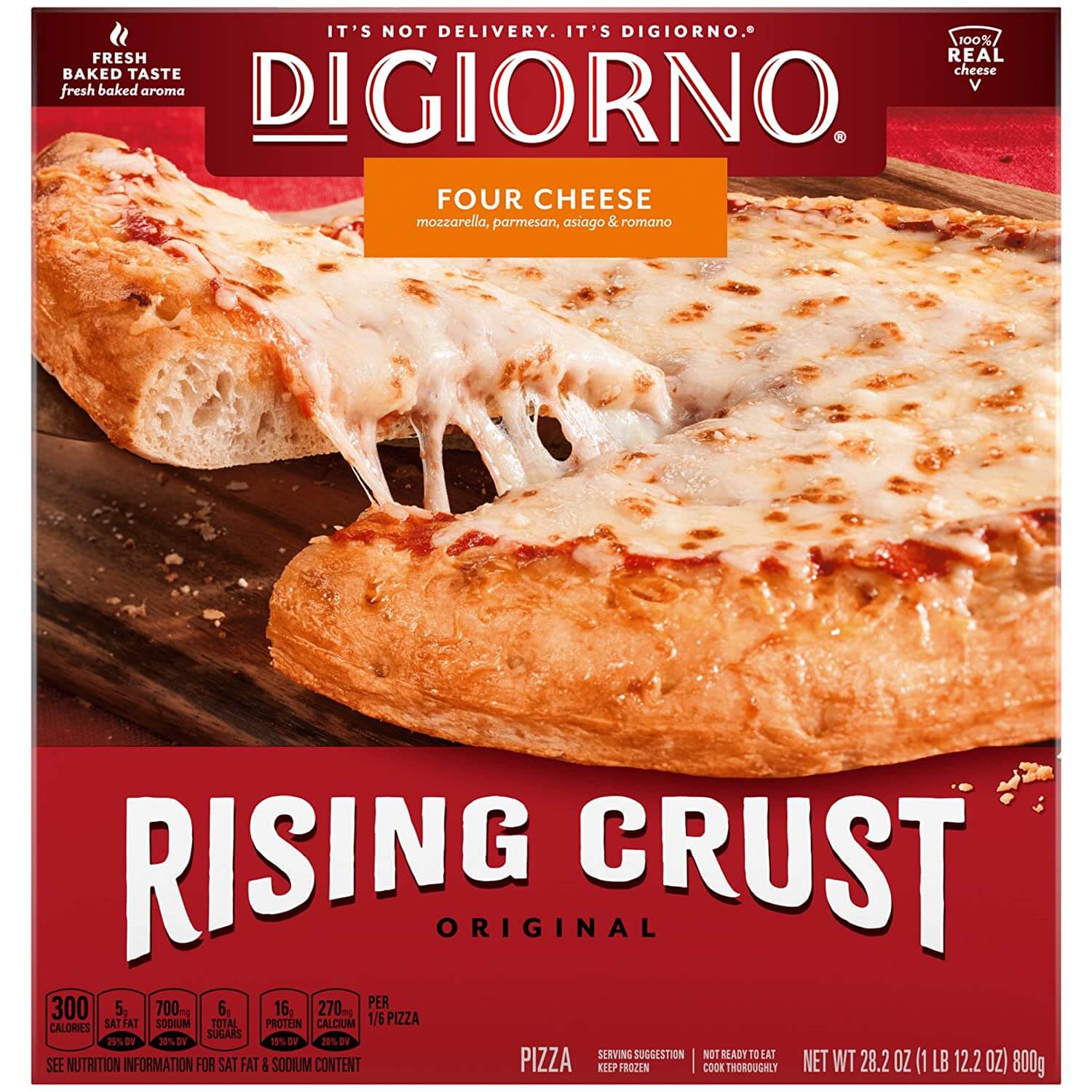 red box with picture of cheese pizza