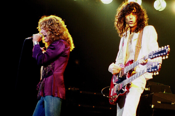 Jimmy Page (right) on stage with Robert Plant (left)