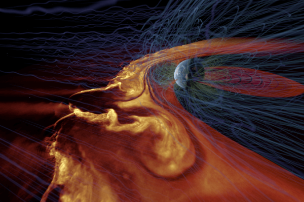 Illustration of solar wind interacting with Earth’s magnetic field