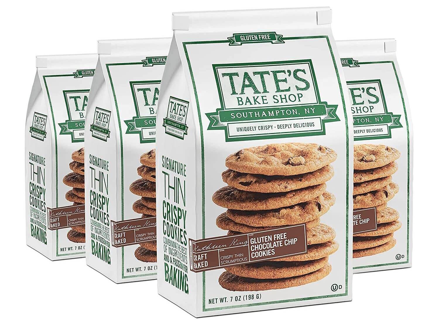 white bags with green labels and image of chocolate chip cookies