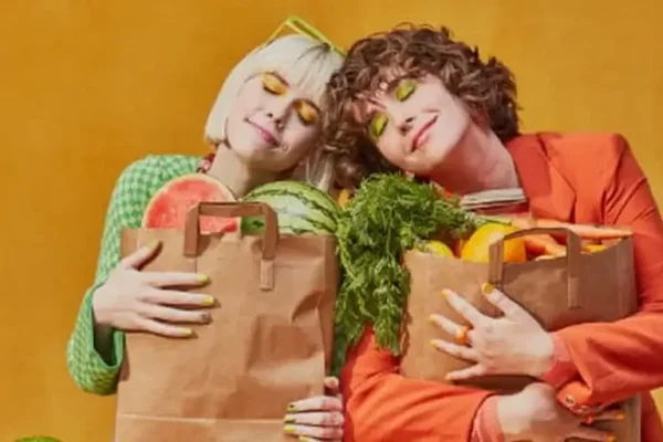 women with grocery bags full of produce