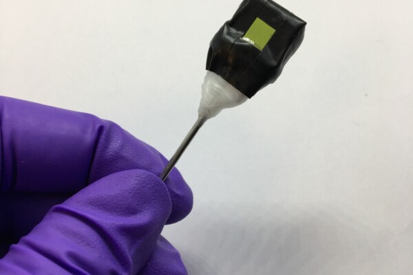 A standalone artificial leaf (black) attached to a metal rod support.