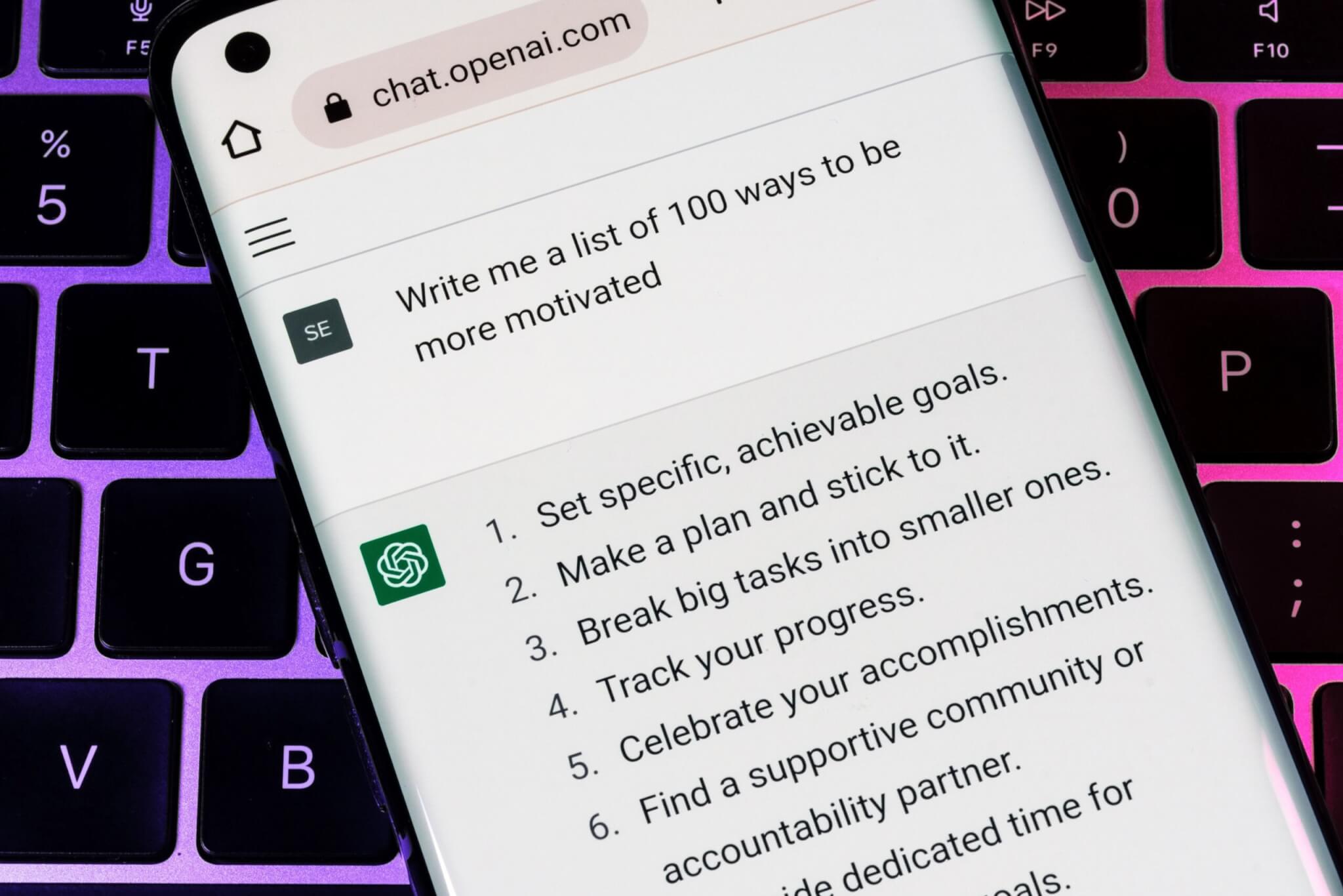 Screenshot of someone asking ChatGPT for tips on how to be more motivated. 