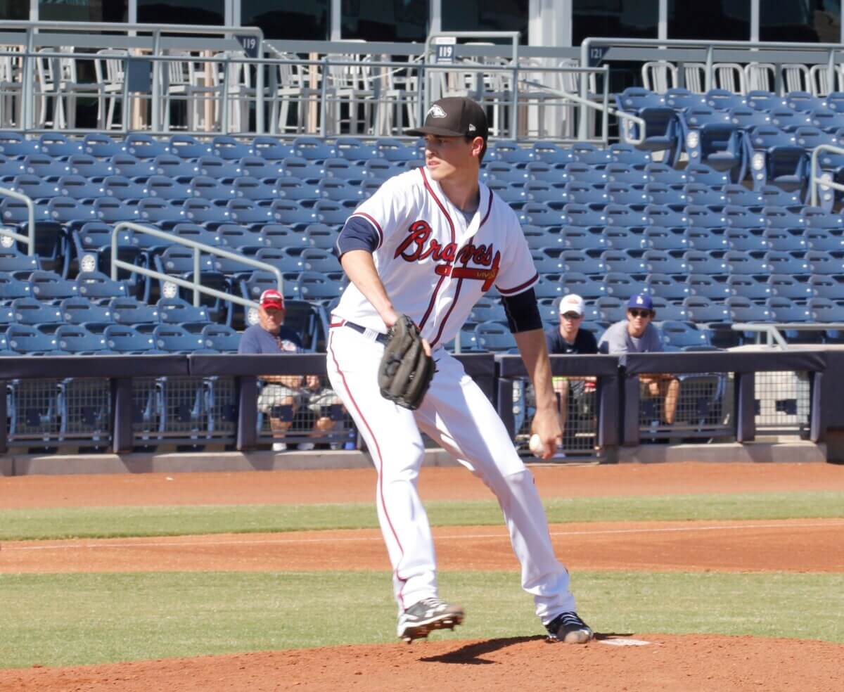 Max Fried pitches for the Peoria Javelinas (Atlanta Braves farm system) in October 2017.