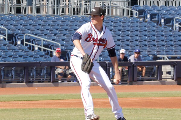Max Fried pitches for the Peoria Javelinas (Atlanta Braves farm system) in October 2017.