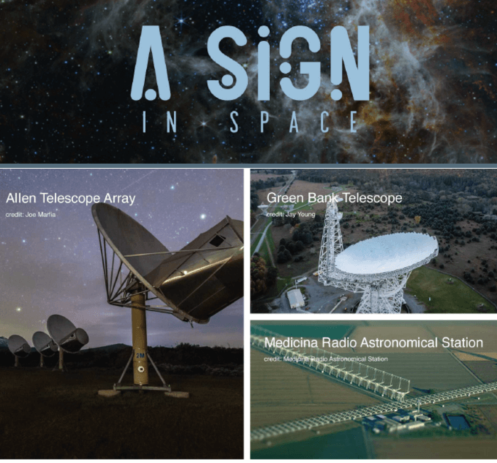 4 pictures of different large telescopes used to simulates messages to extraterrestrials 