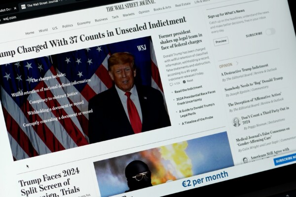 JUNE 10, 2023: Wall Street Journal headline reads, "Trump Charged with 37 Counts in Unsealed Indictment"