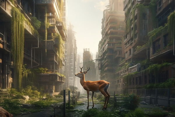 After the apocalypse, a large city is covered with green plants
