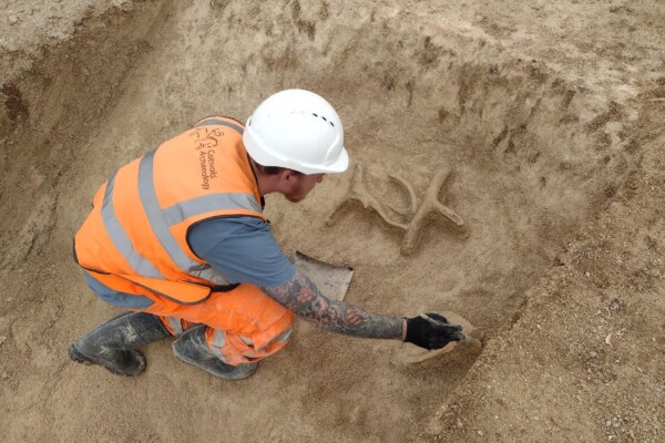 man wearing orange safety vest and white hard had digs up artifacts in large dirt hole.