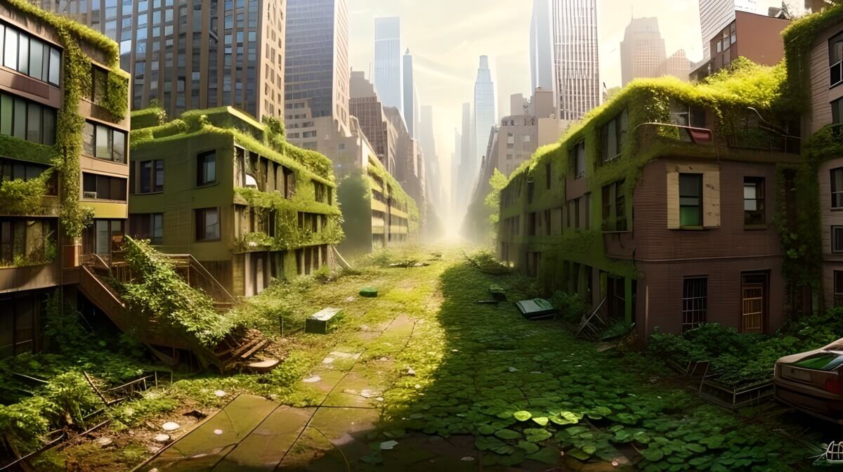 Post-apocalyptic city with plants growing on buildings, street.