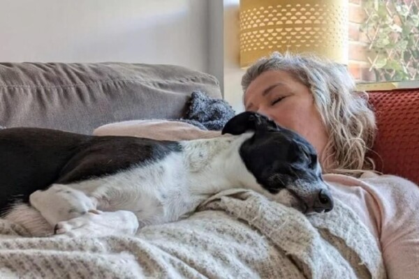 woman sleeping on the couch and her dog laying on top of her
