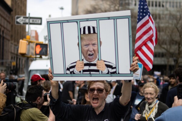 Woman Counter Protester with a Sign of Trump in Jail Outside the Courthouse during the Trump Indictment in New York City