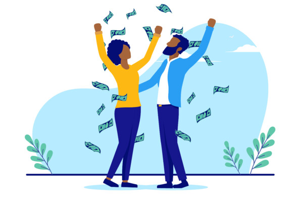 Couple celebrating wealth, financial success and freedom