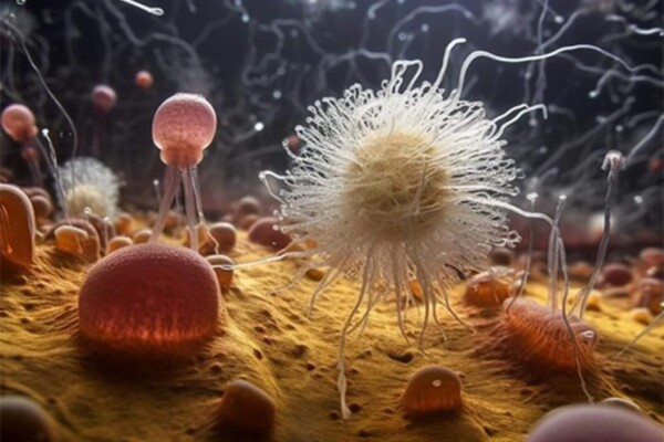 Artist’s imagination of an assemblage of primordial eukaryotic organisms
