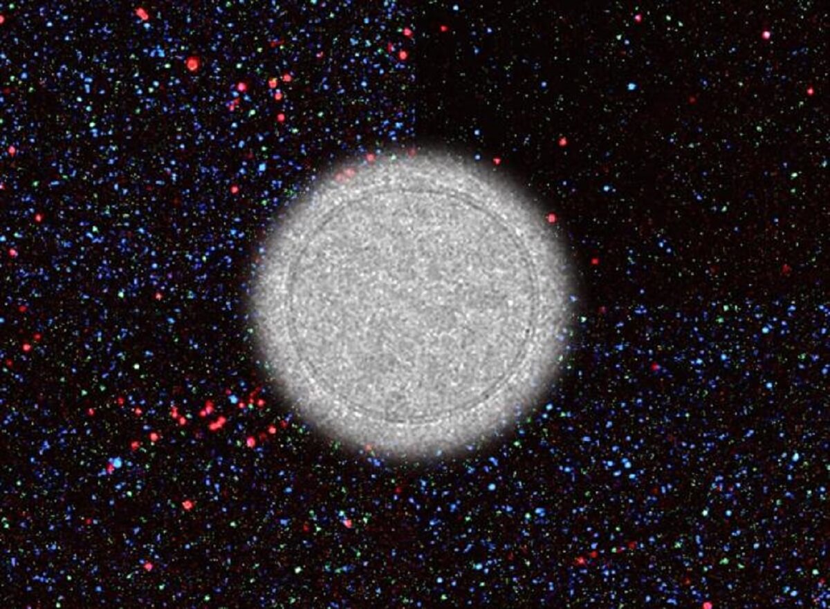 black background covered in small red, blue, and green dots. In the center, is a medium-sized gray circle that constitutes extracellular vesicles in ovarian cancer