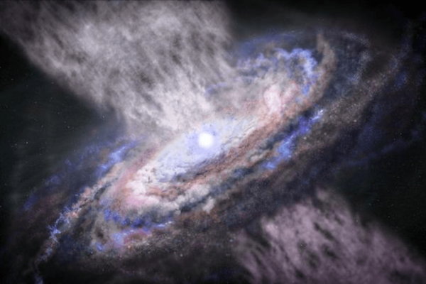 Quasars — shown here in an artist's illustration— are some of the brightest objects in the universe. The energy released by the quasar's supermassive black hole as it devours mass from its surroundings is widely considered to be the main driver in limiting the growth of massive galaxies. CREDIT Space Telescope Science Institute