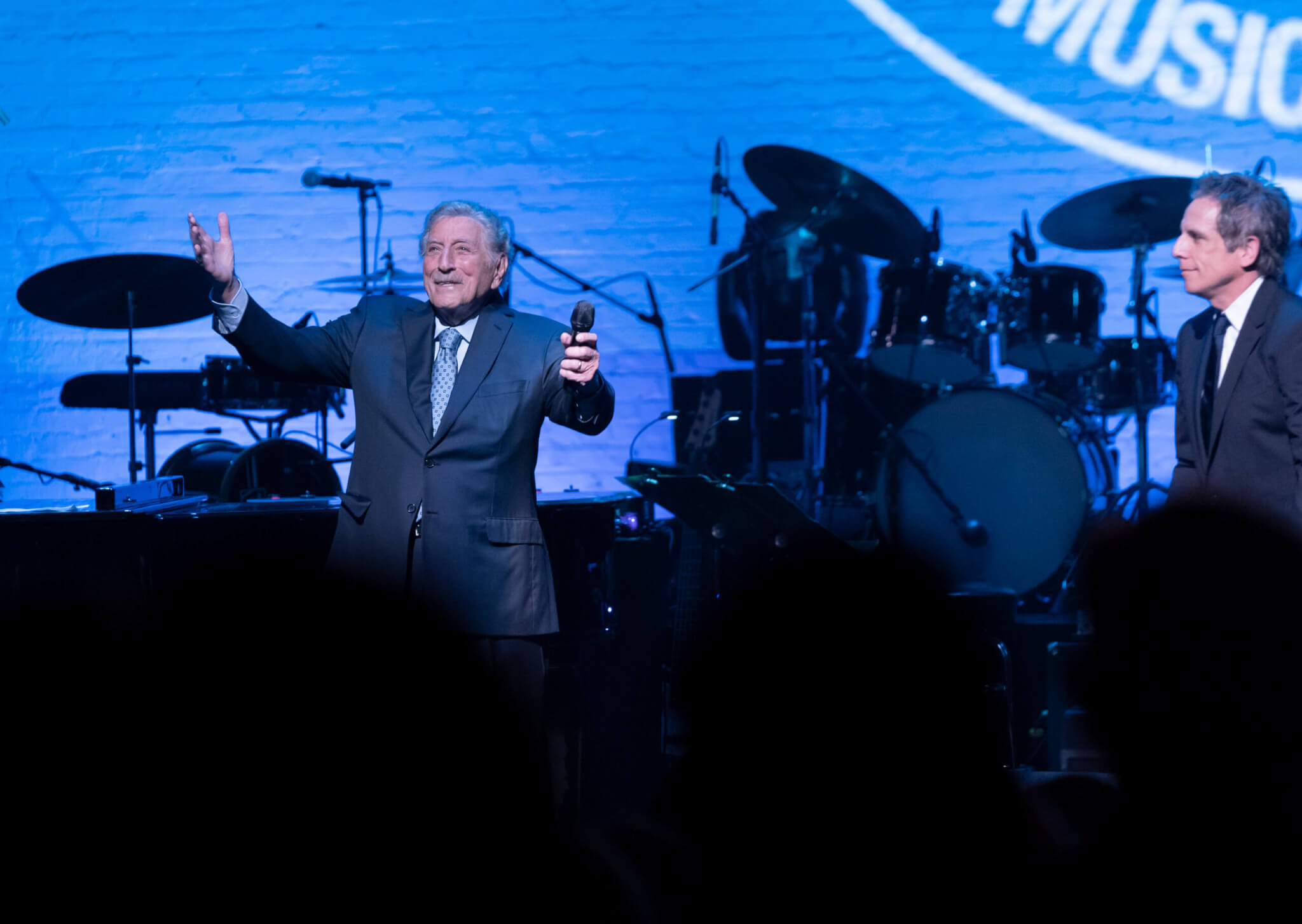 New York, NY - April 4, 2019: Tony Bennett & Ben Stiller on stage during Jazz Foundation of America benefit concert in Harlem at Apollo Theater.