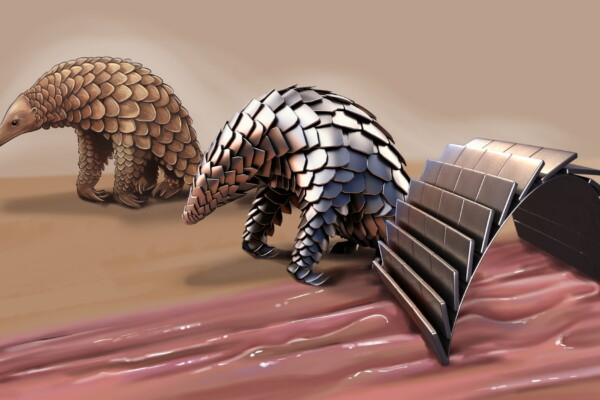 A conceptual illustration of the pangolin-inspired robot (on right) alongside a pangolin.