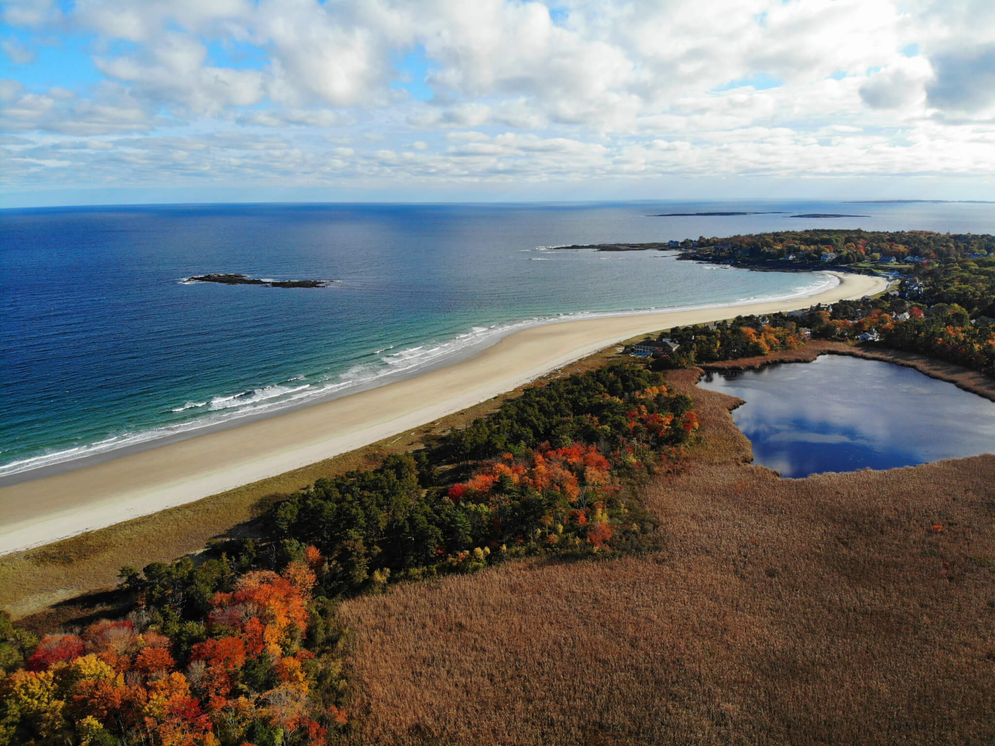 Colorful autumn foliage next to Scarborough Beach State Park