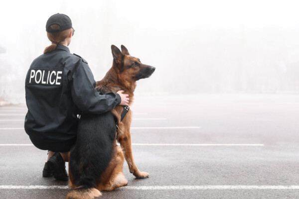 Female police officer with dog patrolling city street