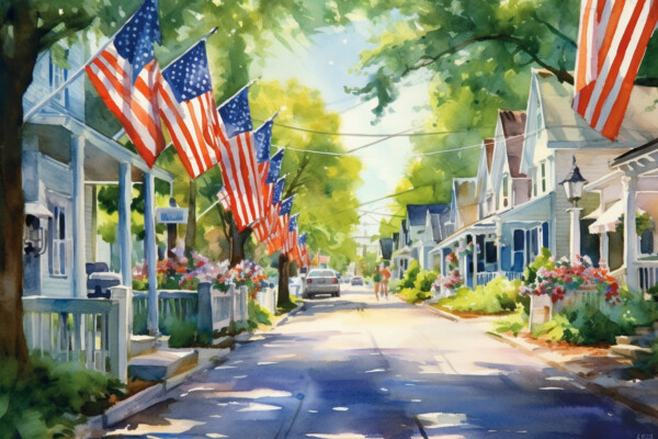 A charming small town's Main Street adorned with patriotic USA banners and flags, watercolor style.