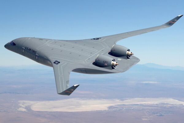 A blended wing body (BWB) prototype aircraft