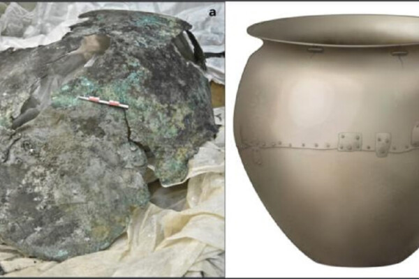 (a) Photograph of the cauldron, a big gray stone slag) and what is left today. (b) artistic reconstruction of the cauldron