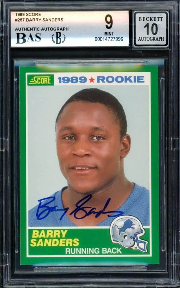 Barry Sanders Autographed 1989 Score Rookie Card #257 Lions BGS 9 Auto Grade Gem Mint 10 Beckett BAS Stock #209307