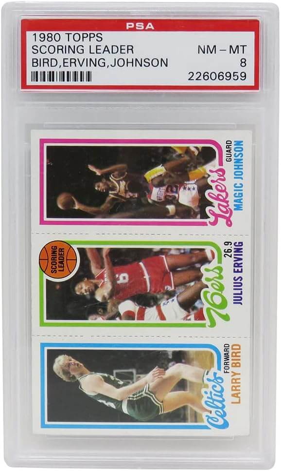 Larry Bird, Magic Johnson & Julius Erving 1980 Topps Scoring Leader RC Card (PSA 8 NM-MT)(F)