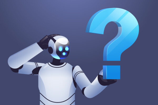frustrated robot cyborg holding question mark