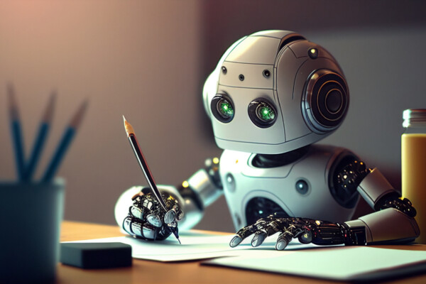 AI robot writing at a table
