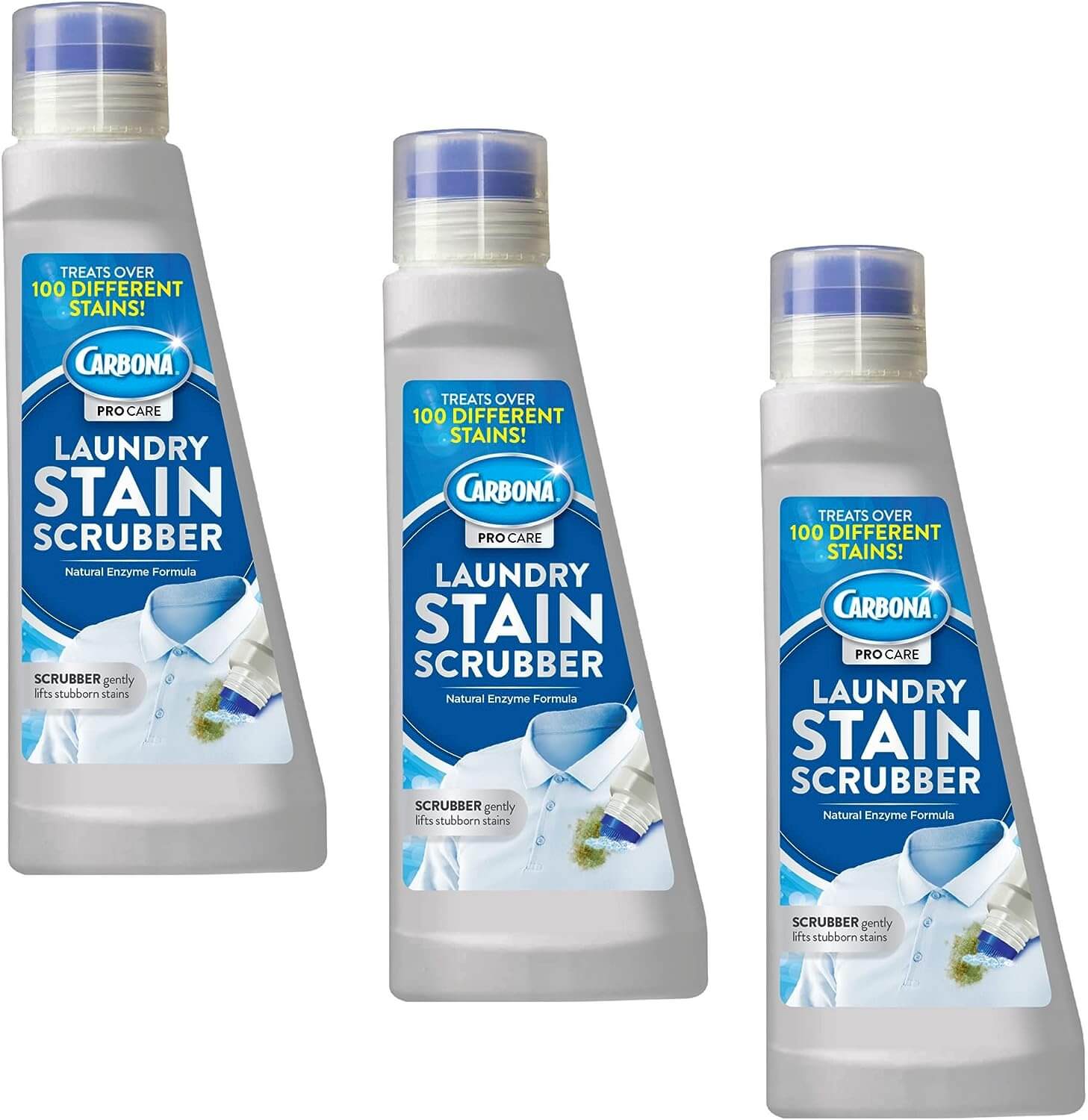 three grey and blue bottles of laundry detergent