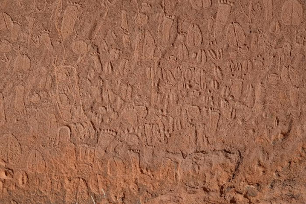 close of large brown rock with human footprints and animal tracks