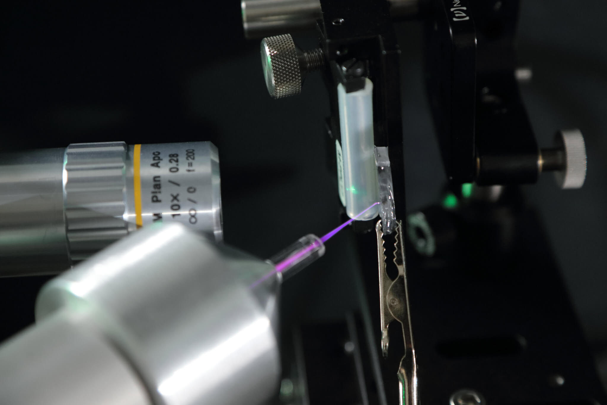 The plasma jet in this example is made from helium, which creates a purple glow